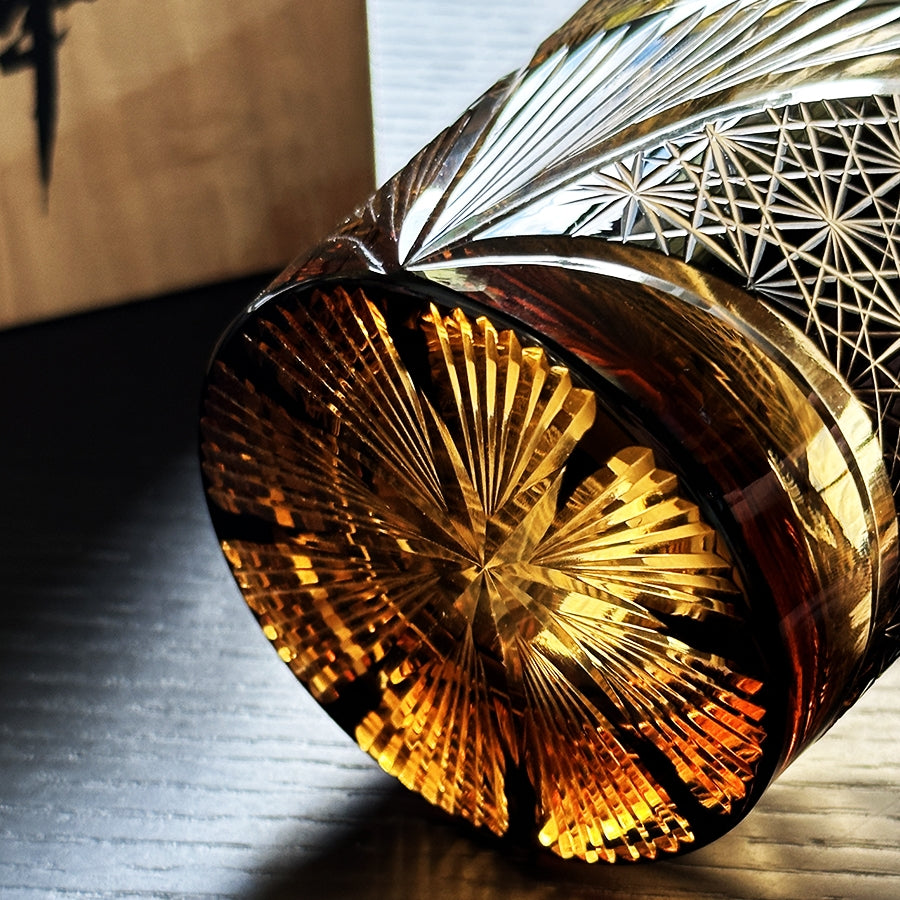 Whiskey Glass Crystal Amber Crane Feather Pattern Japanese Style Barware Gift Box | Thomler