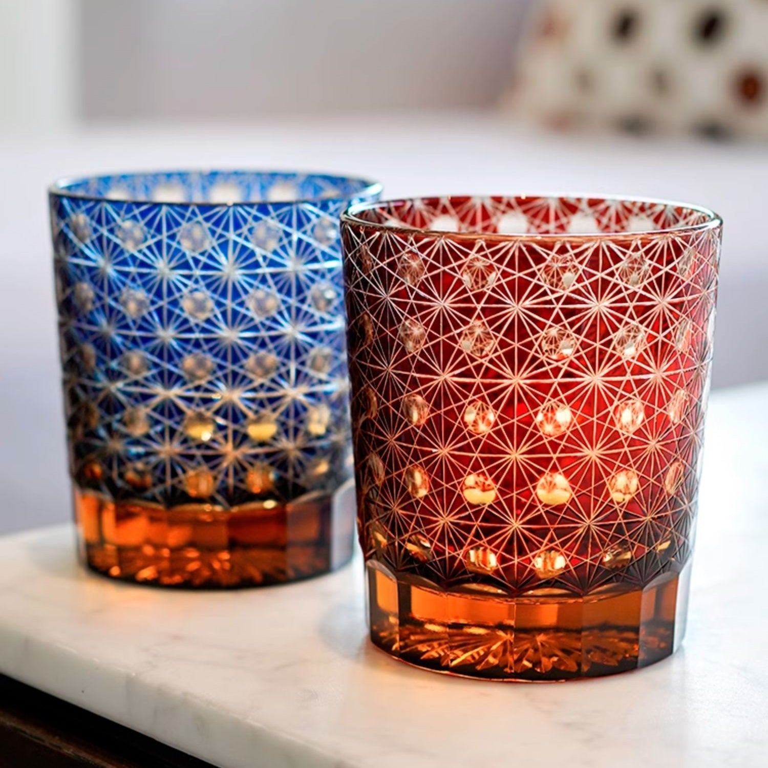 Cut Crystal Whisky Tumblers with Starburst Floral Design in Amber Glass for Bourbon, Scotch & Cocktails | Thomler