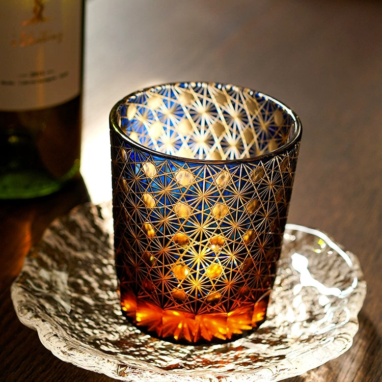 Cut Crystal Whisky Tumblers with Starburst Floral Design in Amber Glass for Bourbon, Scotch & Cocktails | Thomler