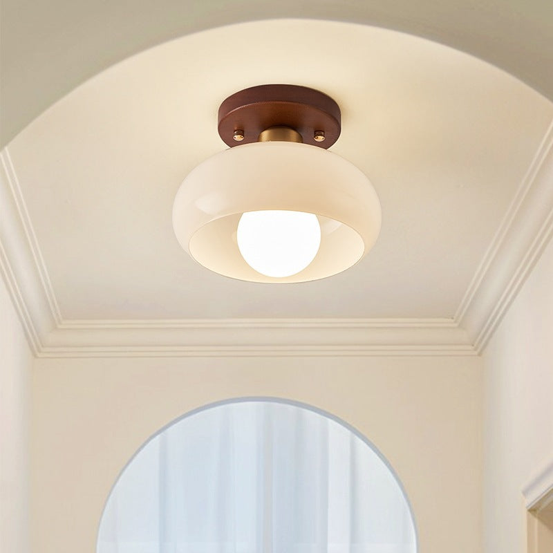 Mid-Century Opal Glass Ceiling Light with Wood Accent – Warm Ambient Flush Mount for Living Room & Bedroom | Thomler