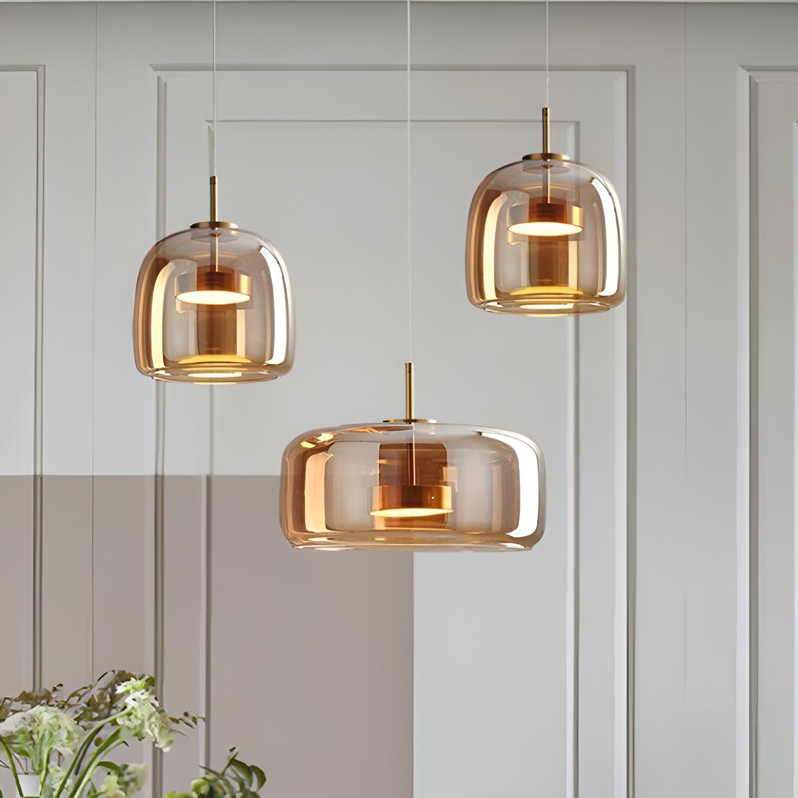 Pendant Light Glass Dome 15.0 in Smoked Gray Kitchen Island Dining Room Adjustable Triple Hanging Ceiling Fixture | Thomler
