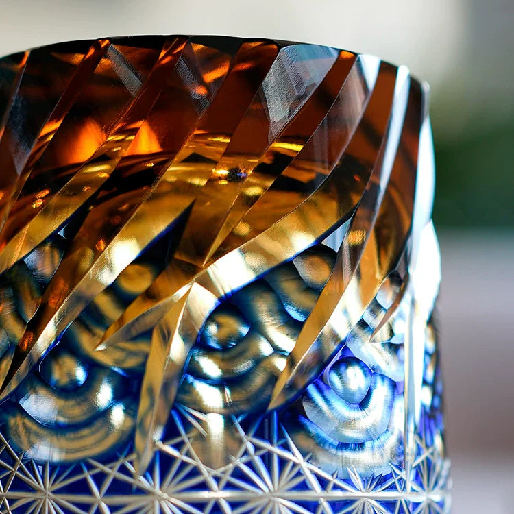 Whiskey Glass Handmade Cut Glass Blue Amber Japanese Whisky Tumbler Gift Collectible Barware Wooden Box | Thomler