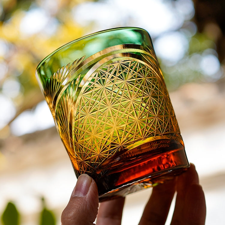 Whiskey Glass Crystal Amber Crane Feather Pattern Japanese Style Barware Gift Box | Thomler