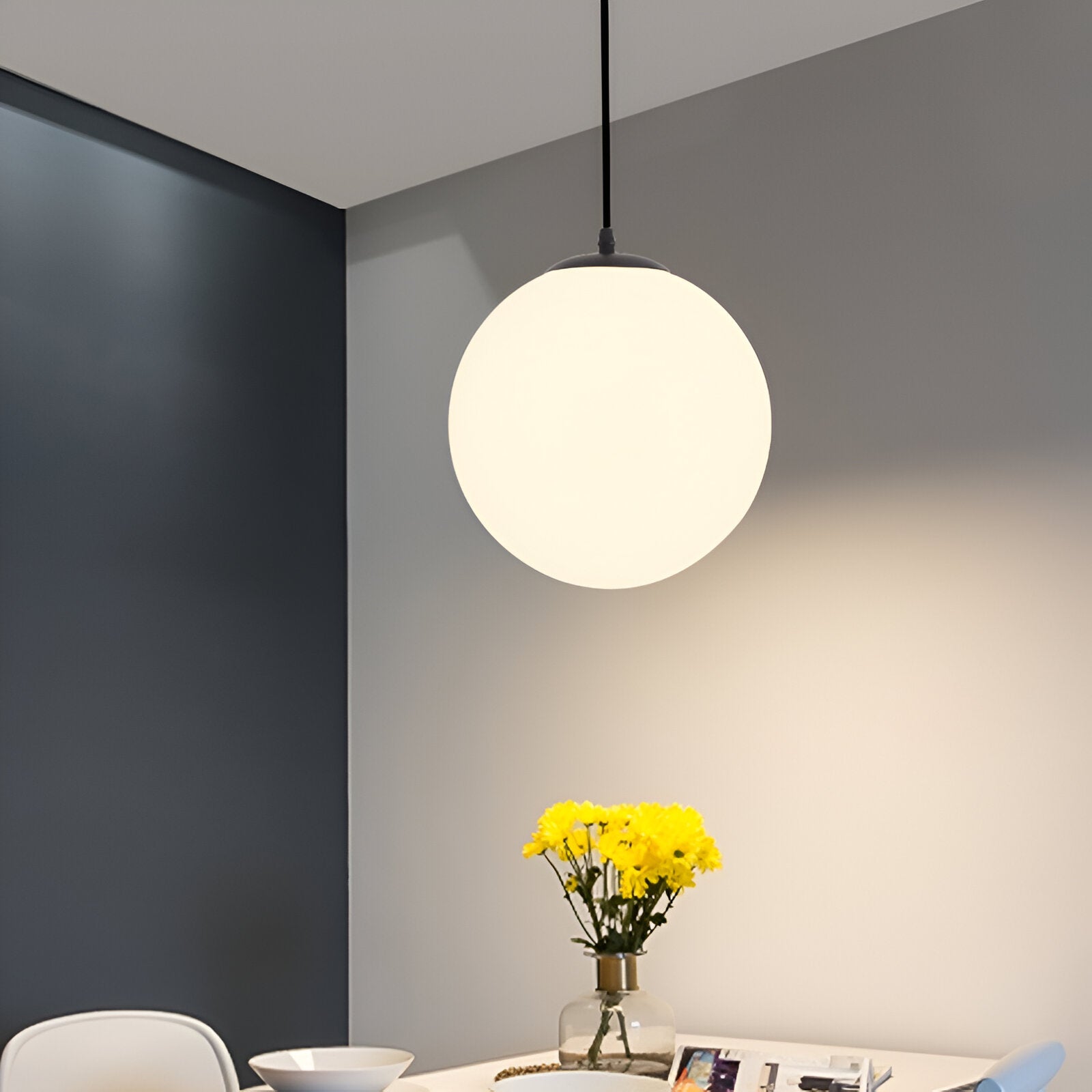 Pendant Light Milky Glass 9.8 in White Dining Room Kitchen Island Hanging Ceiling Lamp Modern Minimalist Globe Fixture | Thomler