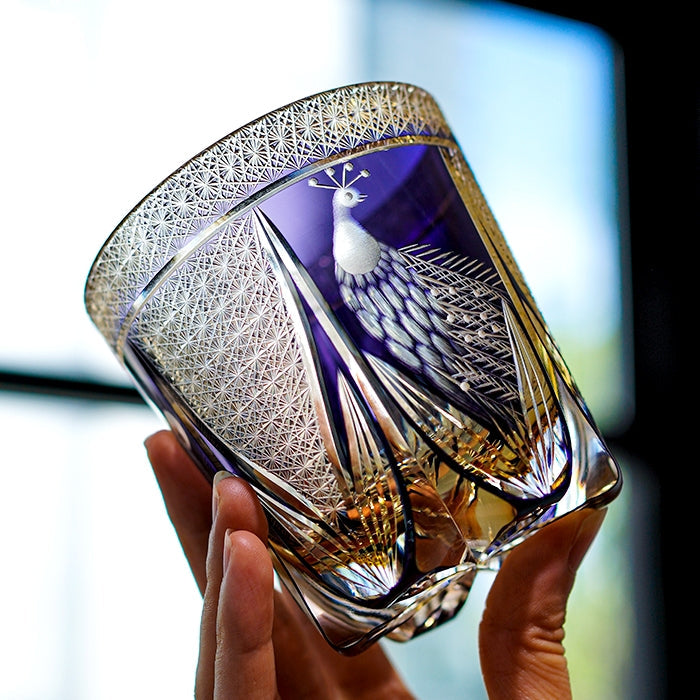 Japanese Cut Crystal Spirits Tumbler with Purple Peacock Motif & Gift Box for Whiskey Bourbon Scotch Cocktails Home Bar Drinkware Glassware | Thomler