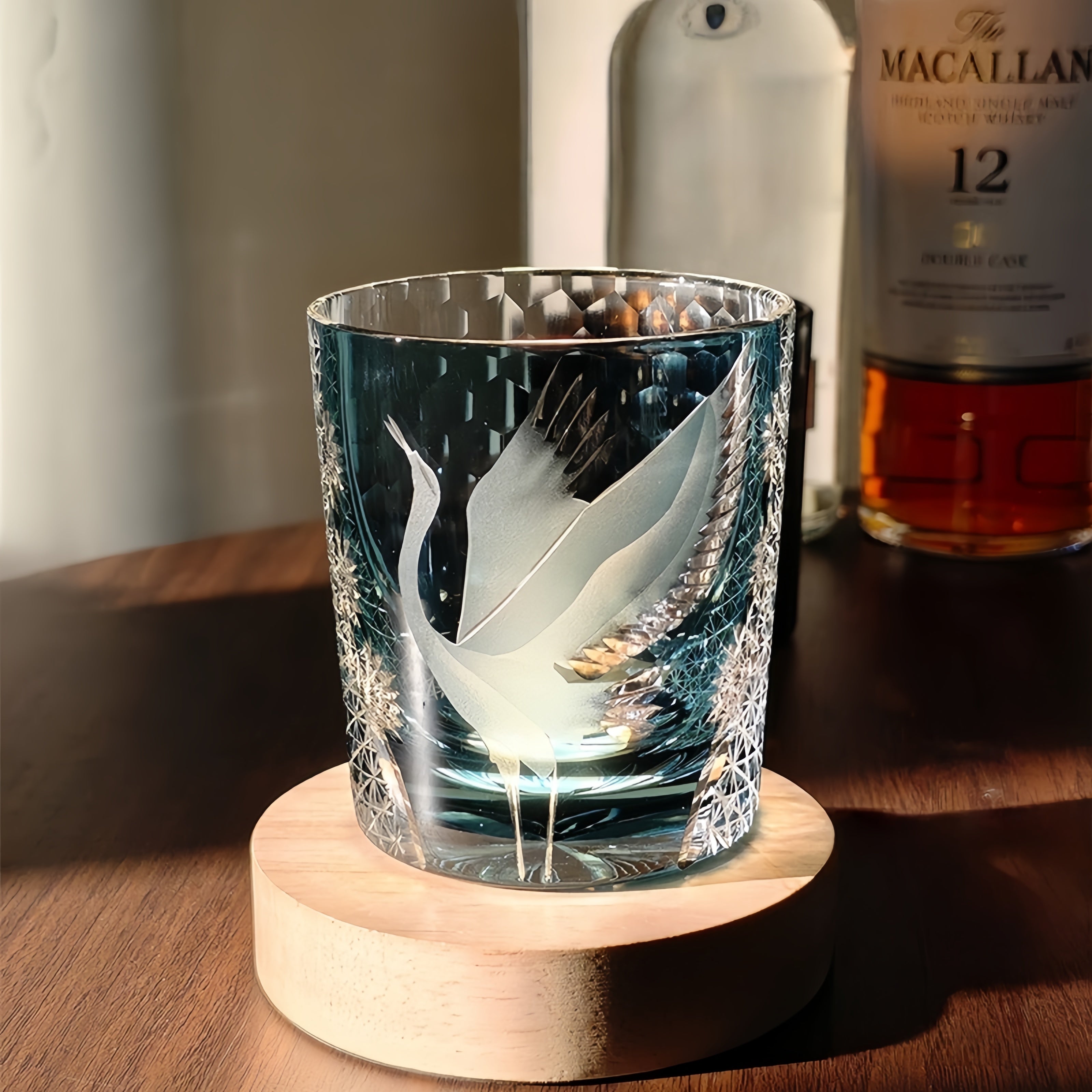 Japanese Cut Crystal Whisky Tumbler with Crane Motif and Gift Box for Spirits and Cocktails | Thomler