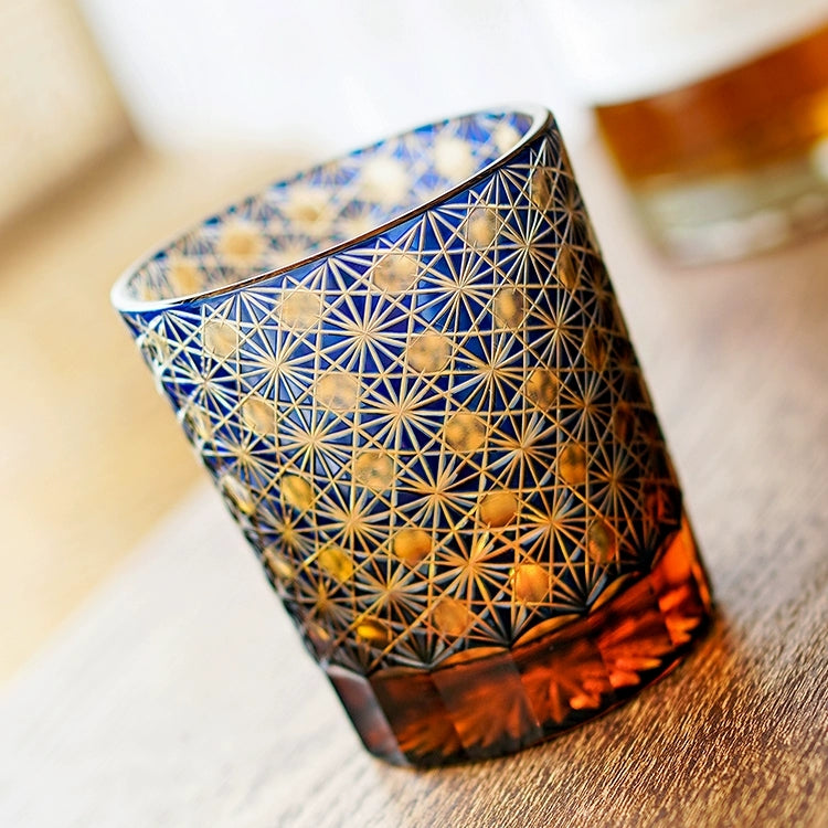 Cut Crystal Whisky Tumblers with Starburst Floral Design in Amber Glass for Bourbon, Scotch & Cocktails | Thomler