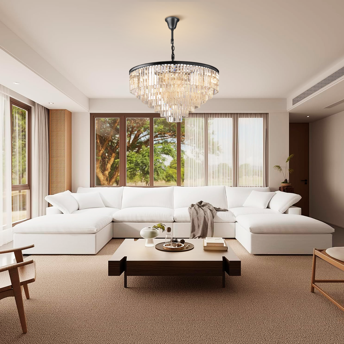 Tiered Crystal Chandelier with Cascading Glass Rods – Multi-Level Statement Lighting for Dining Room & Foyer – Brass, Black & Nickel Finish | Thomler