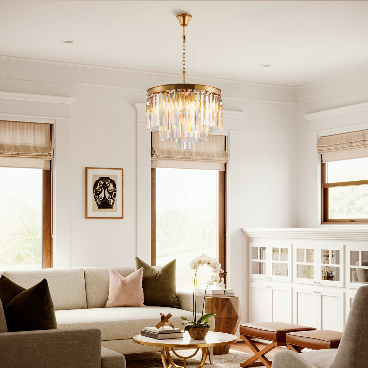 Tiered Crystal Chandelier with Cascading Glass Rods – Multi-Level Statement Lighting for Dining Room & Foyer – Brass, Black & Nickel Finish | Thomler