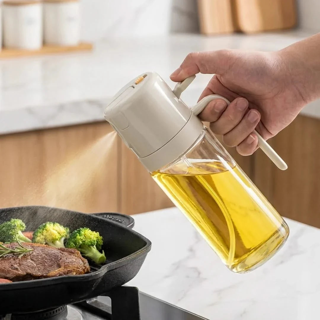 Dual-Function Glass Oil Bottle with Spray & Stream Nozzle – 19 fl oz Cooking Oil Dispenser for Kitchen | Thomler