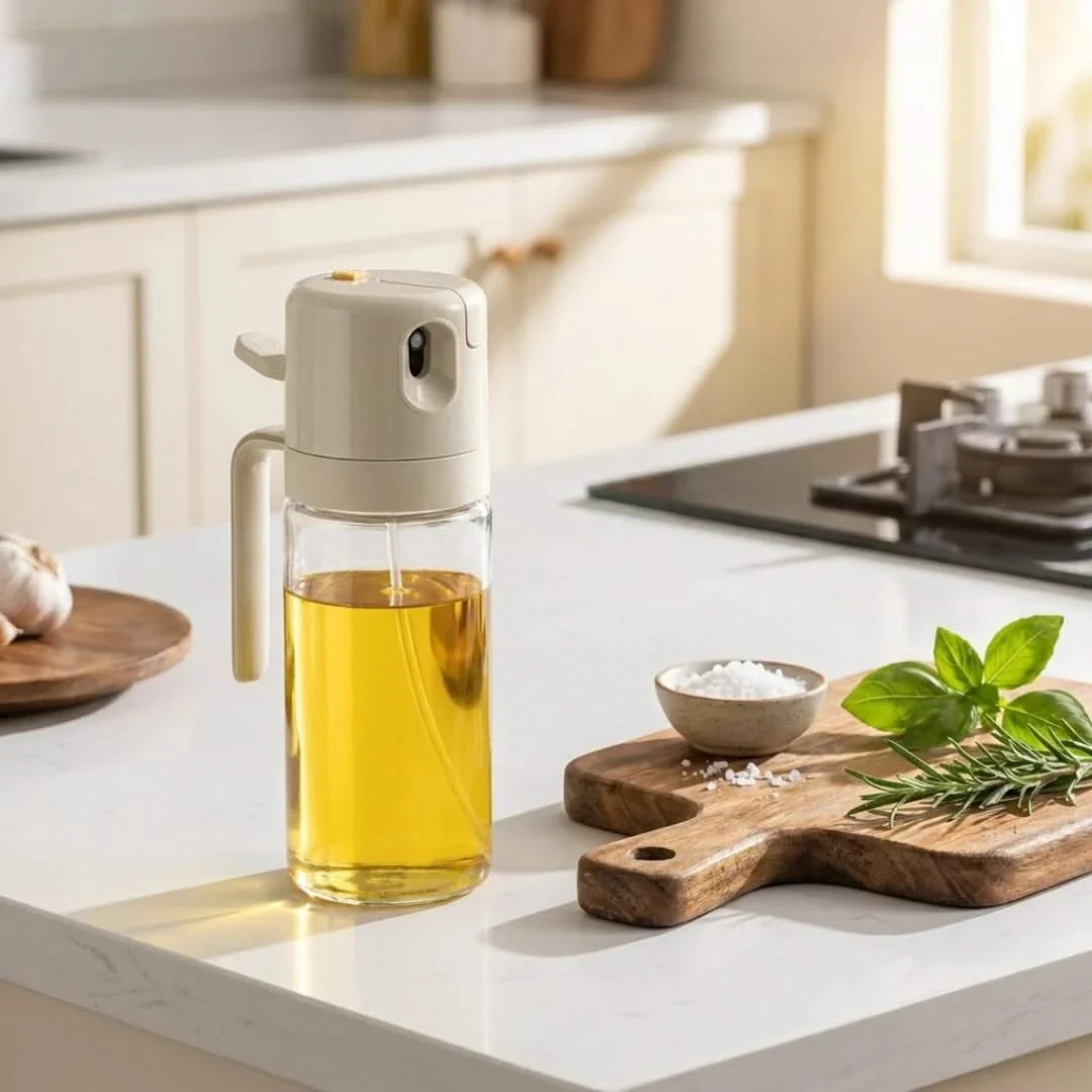 Dual-Function Glass Oil Bottle with Spray & Stream Nozzle – 19 fl oz Cooking Oil Dispenser for Kitchen | Thomler