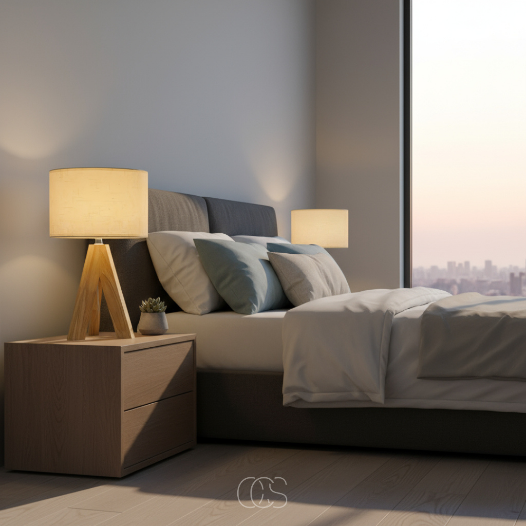 Compact Wood Table Lamp with Fabric Shade for Bedside, Dresser & Living Room | Warm Ambient Light | E14 Socket | Modern Minimalist Style | Thomler