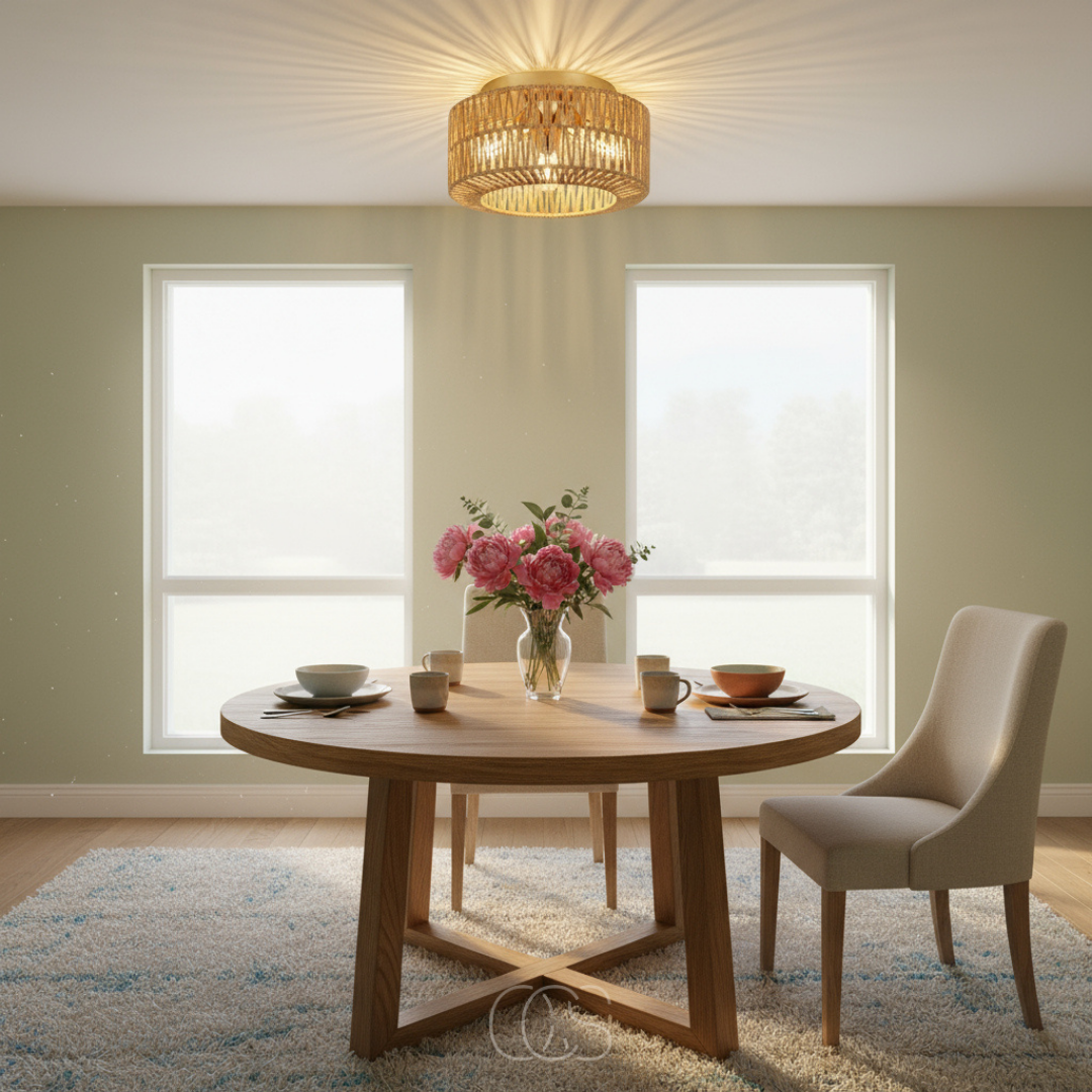 Handwoven Rattan Ceiling Light with 3-Color Temperature LED | Boho Flush Mount Pendant Lamp for Bedroom, Dining Room & Living Room | Thomler
