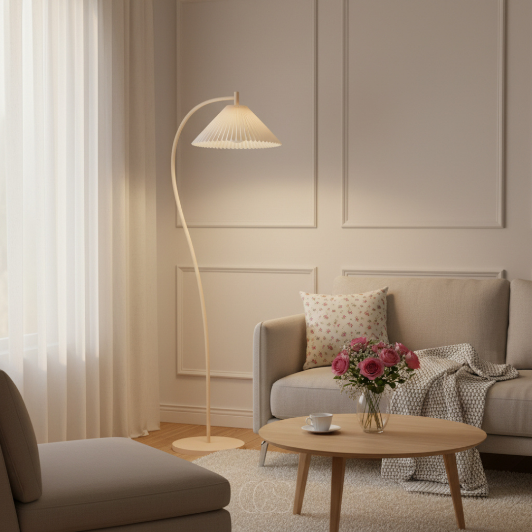 Arched Floor Lamp with Pleated Fabric Shade for Living Room, Bedroom & Reading Nook – Beige Linen Finish, E26 Socket, Foot Switch, 60 in | Thomler