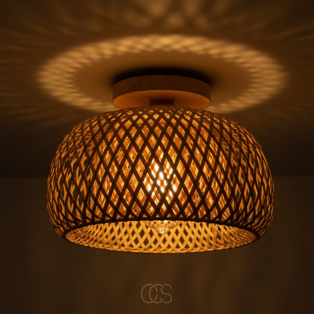 Woven Rattan Flush Mount Ceiling Light Fixture 12 inch Natural Boho Semi-Flush Lamp for Bedroom Hallway Living Room Handwoven Rustic | Thomler