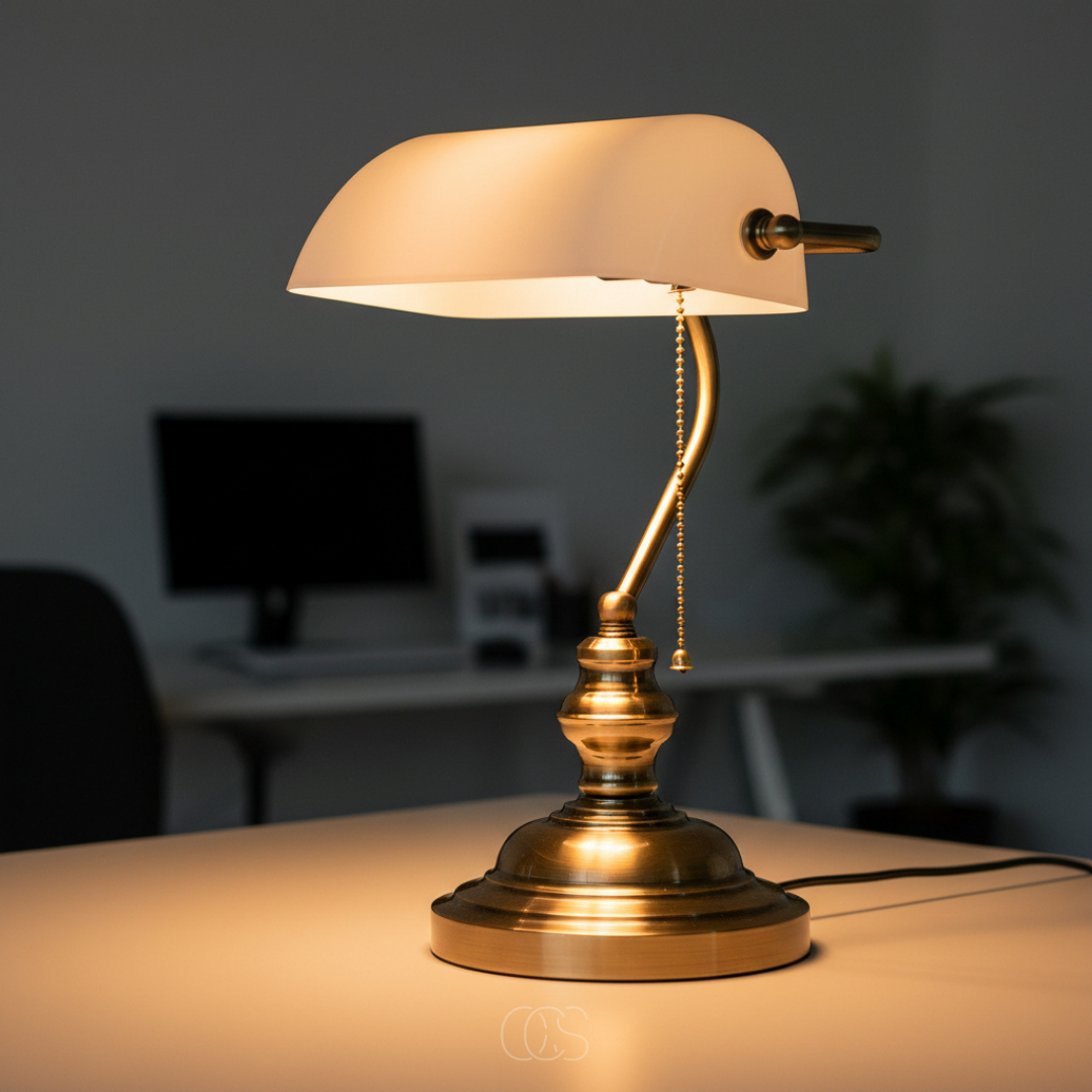 Classic Banker Desk Lamp with White Glass Shade & Antique Brass Base for Home Office Reading | Thomler