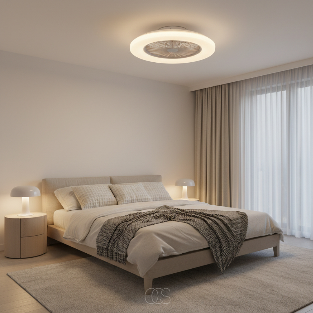 18-inch LED Ceiling Fan with Dimmable Ring Light & Remote – Ultra-Quiet DC Motor, Reversible Blades, 2400 Lumens – Modern White | Thomler