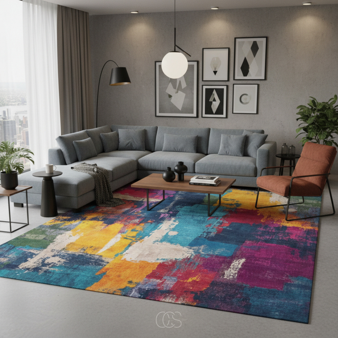 Multicolor Abstract Area Rug 6.6x7.5 ft Low-Pile Polyester Marble Wave Living Room Dining Room Bedroom Rug Soft Chenille Woven Modern | Thomler