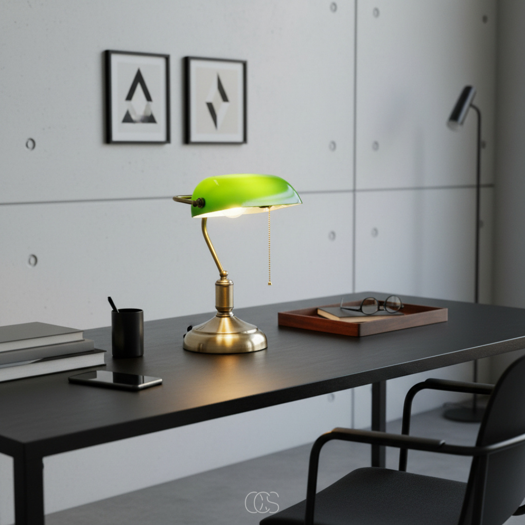 Classic Banker Desk Lamp with White Glass Shade & Antique Brass Base for Home Office Reading | Thomler