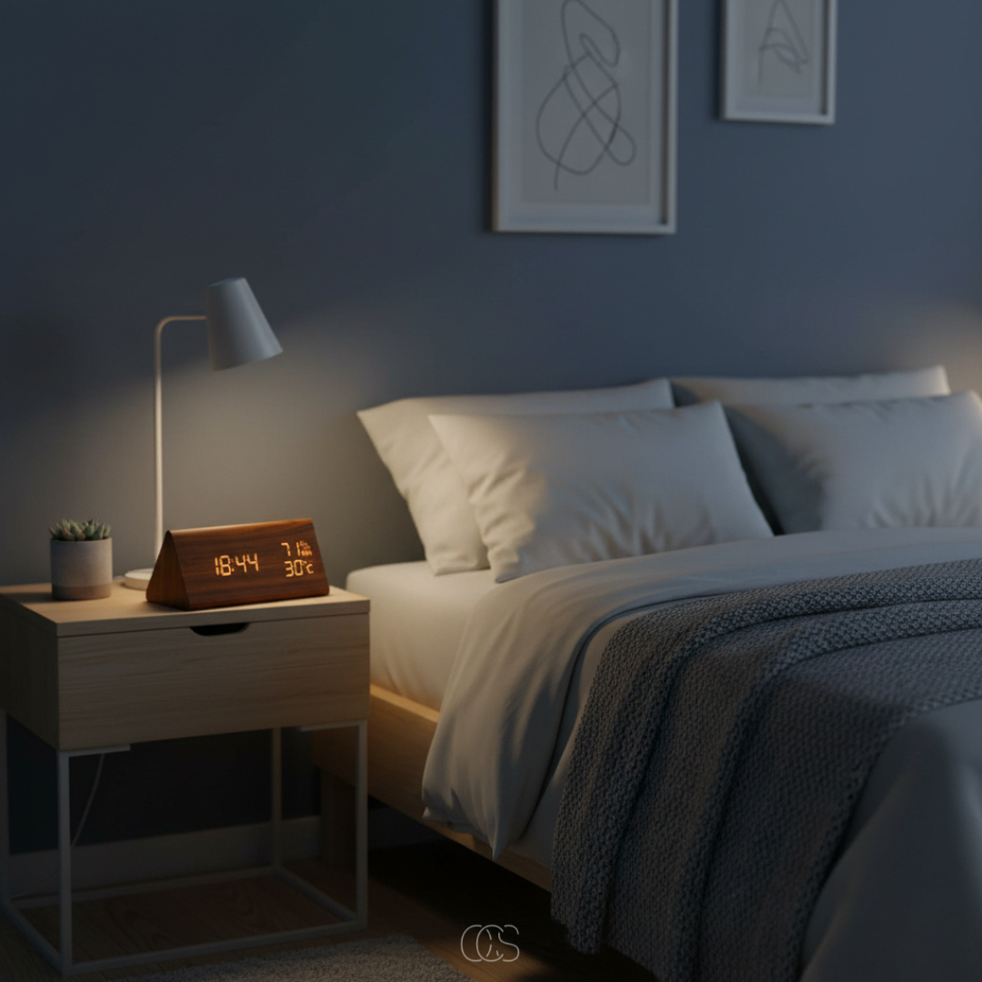 Digital Wooden Alarm Clock with Temperature & Humidity Display — 7-Level Dimming LED, Sound-Activated Screen, USB Charging Ports — Bedroom | Thomler
