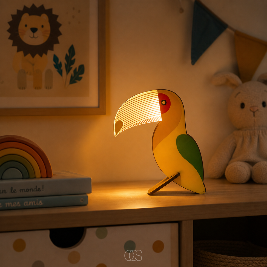 Wooden LED Animal Table Lamp for Kids' Room & Nursery Nightstand Lighting with Whale Toucan Pelican Designs | Thomler