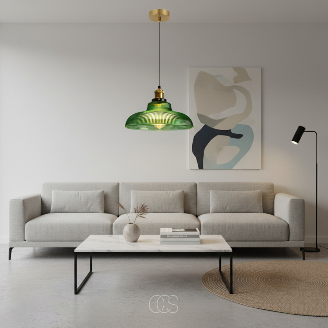 Glass Pendant Light with Metal Frame – Green or Clear Shade for Dining Room, Kitchen Island & Living Room – Adjustable Cord Ceiling | Thomler