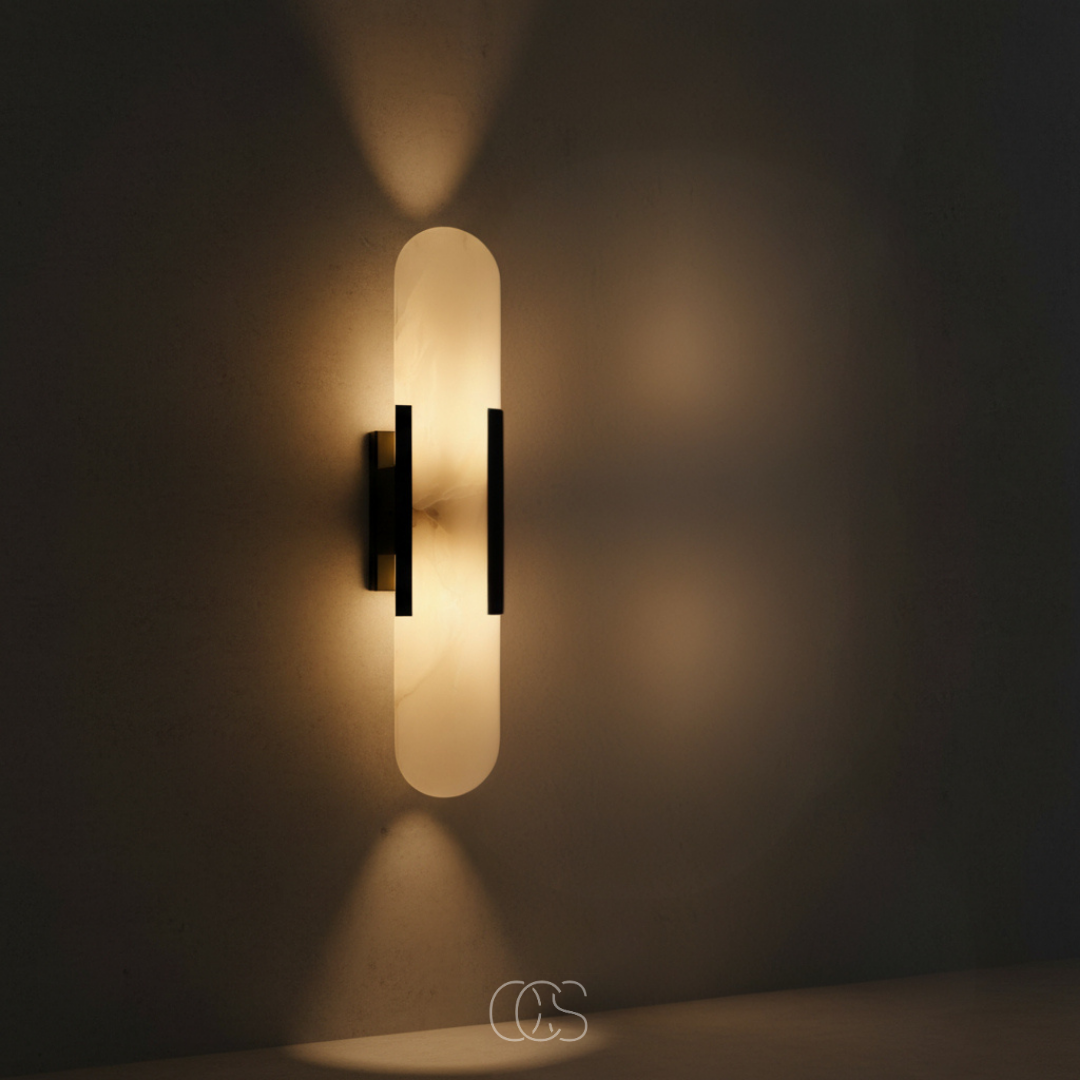 Marble Wall Sconce with Brass Finish - Modern Accent Light for Living Room, Bedroom, Hallway - Natural Stone Texture Ambient Lighting - G9 | Thomler