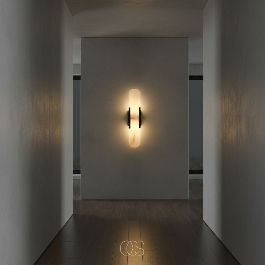 Marble Wall Sconce with Brass Finish - Modern Accent Light for Living Room, Bedroom, Hallway - Natural Stone Texture Ambient Lighting - G9 | Thomler