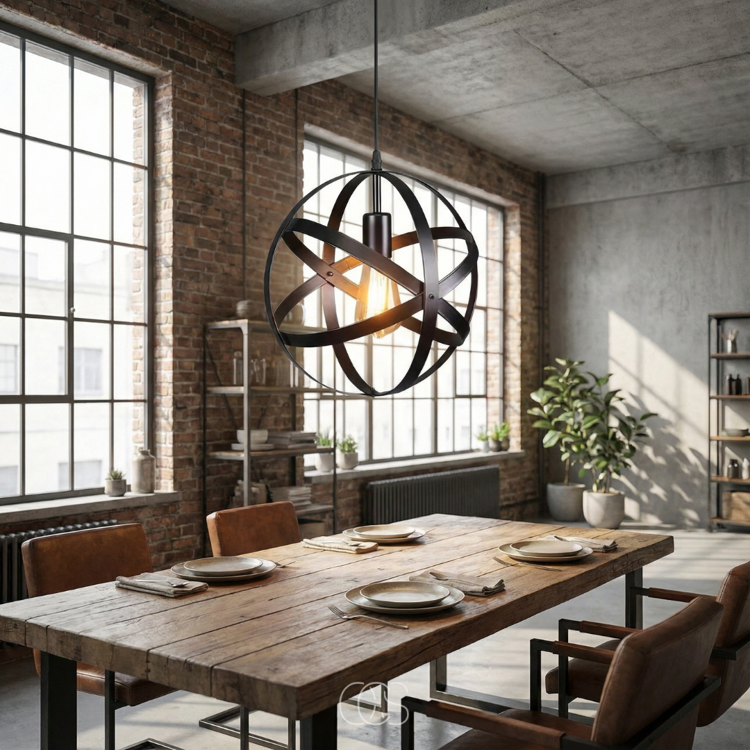 Industrial Metal Sphere Pendant Light | Adjustable Open Wire Cage Hanging Fixture for Kitchen Island & Dining Room | 12 in Diameter | E26 | Thomler