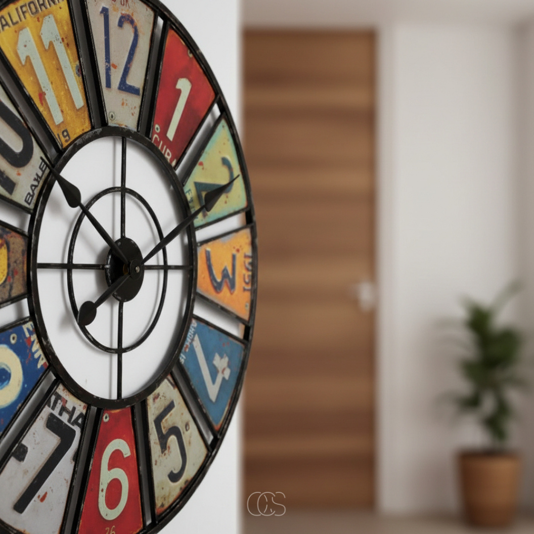 Vintage Industrial Wall Clock with Colorful Number Plates – 24 Inch Retro Metal Clock for Indoor & Outdoor – Silent Quartz Movement | Thomler