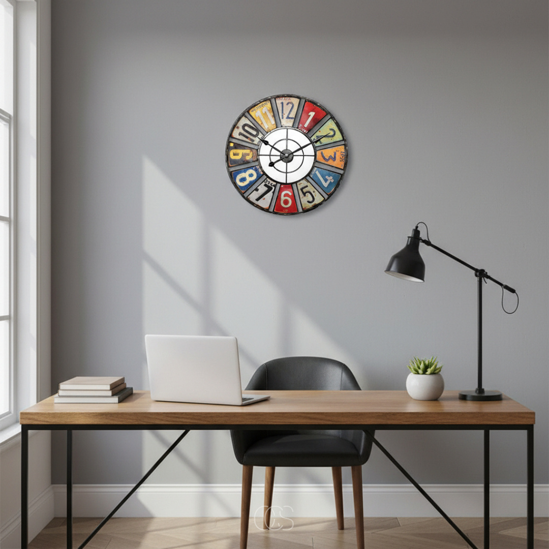 Vintage Industrial Wall Clock with Colorful Number Plates – 24 Inch Retro Metal Clock for Indoor & Outdoor – Silent Quartz Movement | Thomler