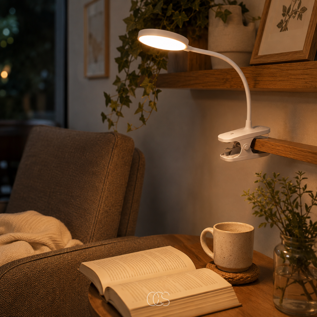 Rechargeable Clip-On LED Reading Light with 360° Flexible Gooseneck for Bedside, Desk & Book Lamp Use | Thomler