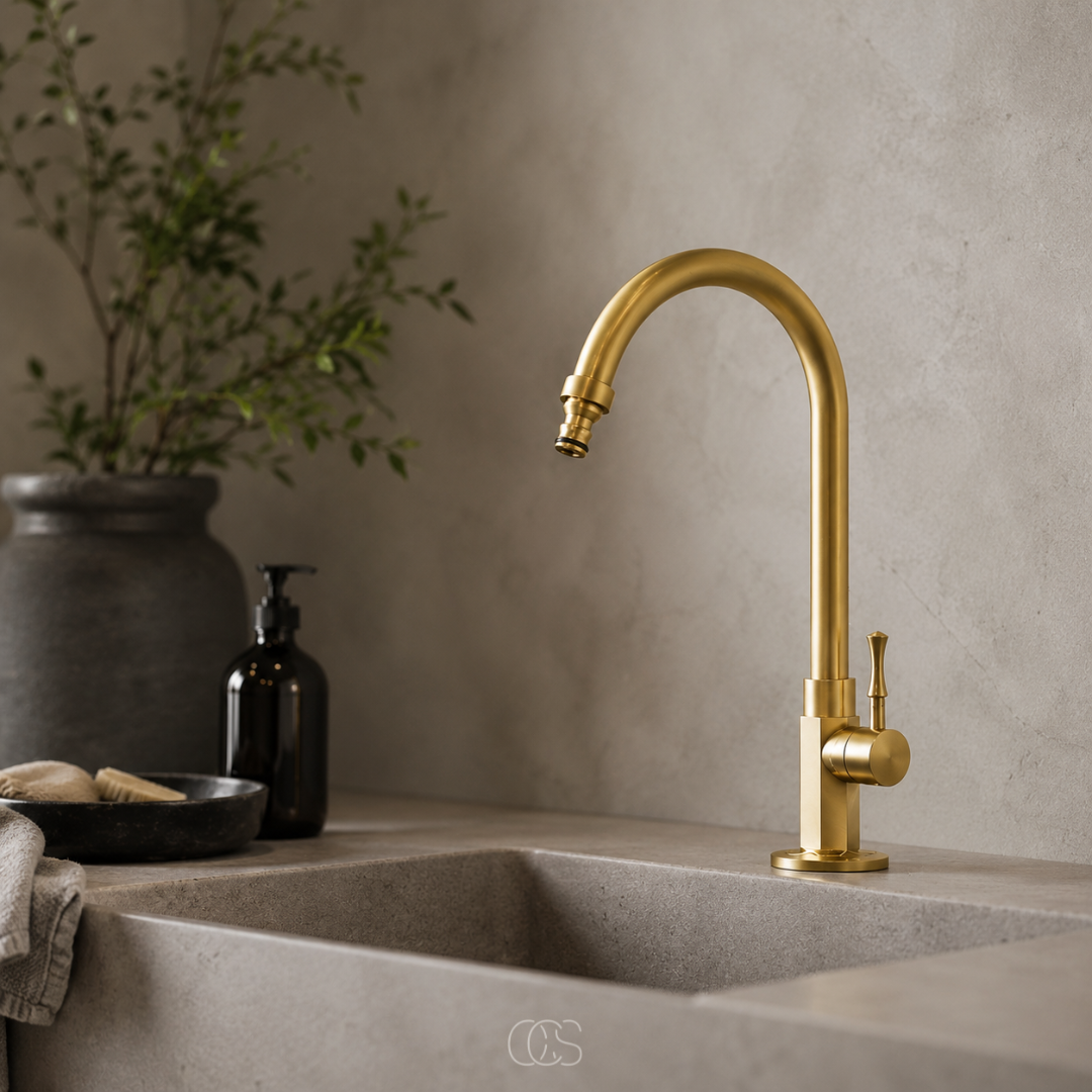 Antique Brass Kitchen Faucet with High Swivel Spout – Single Handle Vintage Sink Mixer Tap for Farmhouse & Classic Kitchens | Thomler
