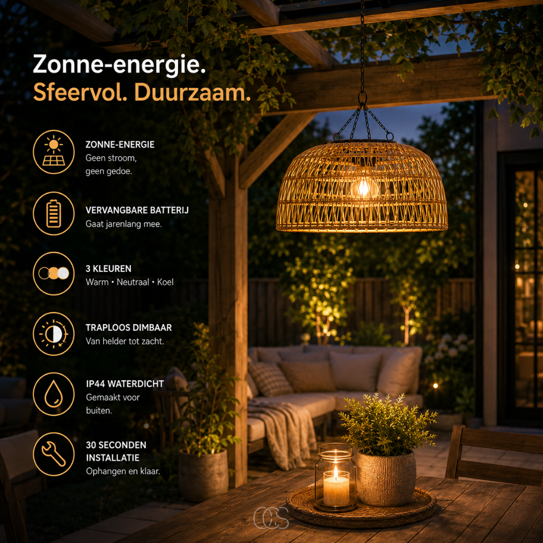Woven Rattan Solar Pendant Light for Outdoor Patio & Garden – Wireless LED Hanging Lamp with Dusk Sensor | Thomler