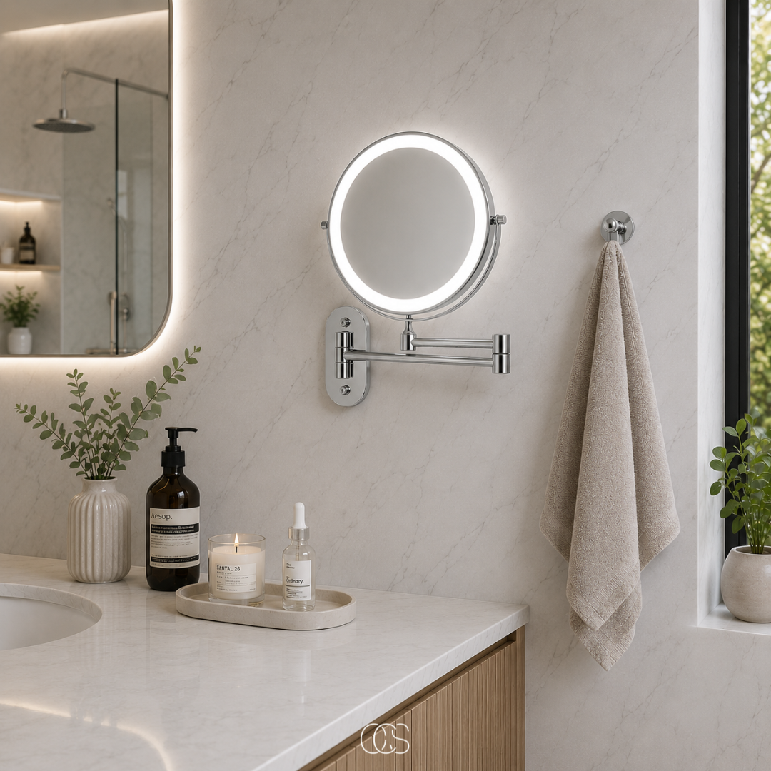 Rechargeable LED Lighted Vanity Mirror Wall Mount with Magnification & 360° Swivel Arm for Makeup Application & Skincare Routines | Thomler