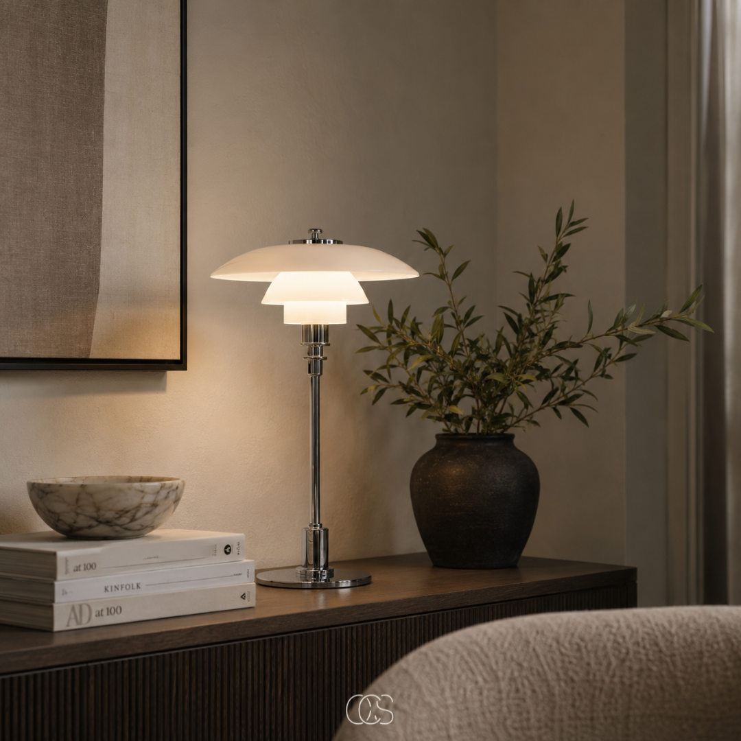 Layered Glass Table Lamp with Metal Base – Scandinavian Accent Light for Bedroom, Living Room & Office | Thomler