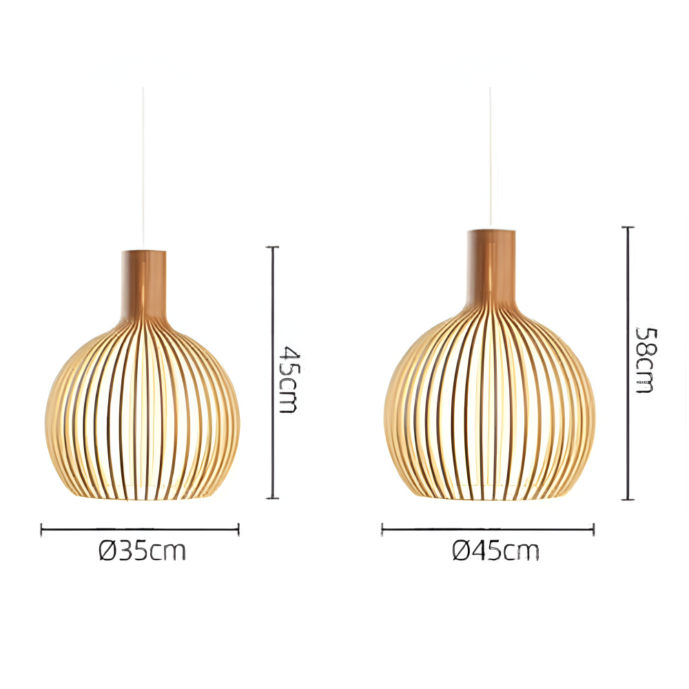 Slatted Timber Hanging Fixture – Semi-Flush Drum Pendant with LED Bulb for Dining Room & Bedroom – Scandinavian Cage Design Overhead | Thomler