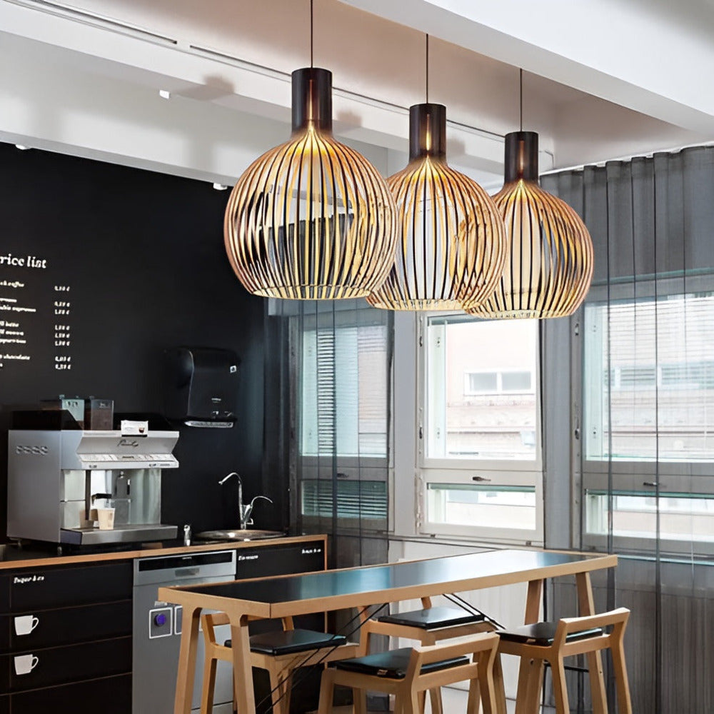 Slatted Timber Hanging Fixture – Semi-Flush Drum Pendant with LED Bulb for Dining Room & Bedroom – Scandinavian Cage Design Overhead | Thomler