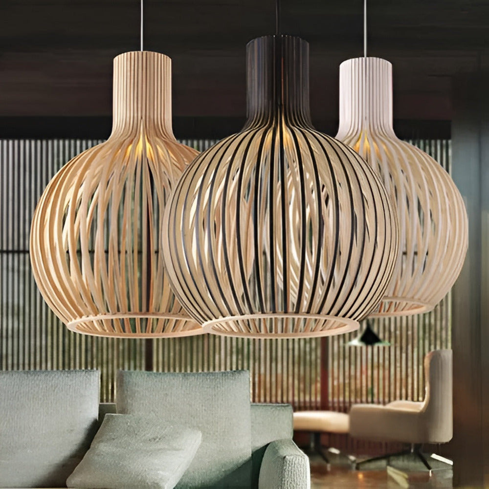 Slatted Timber Hanging Fixture – Semi-Flush Drum Pendant with LED Bulb for Dining Room & Bedroom – Scandinavian Cage Design Overhead | Thomler