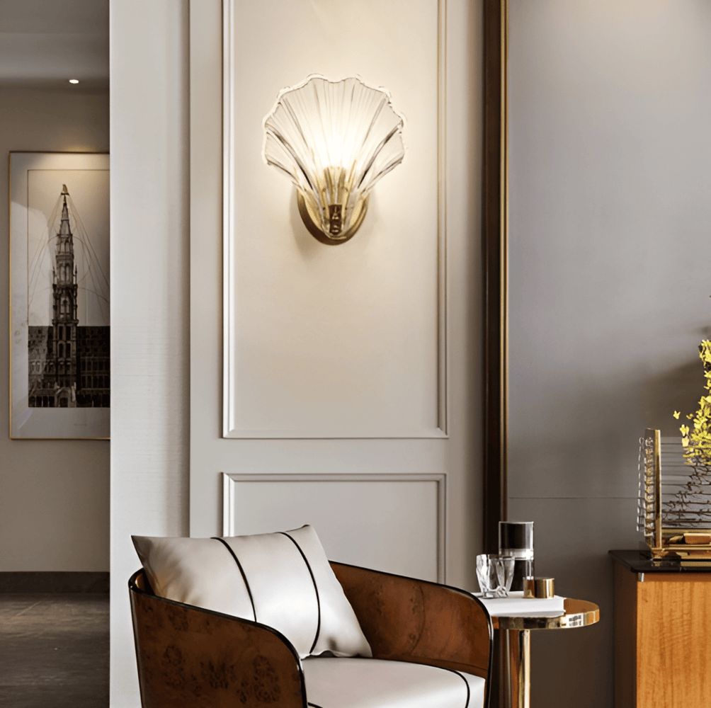 Wall Lamp Ribbed Glass 20.0 cm Gold Bedroom Hallway Art Deco Shell Wall Light E27 Accent Lighting | Thomler