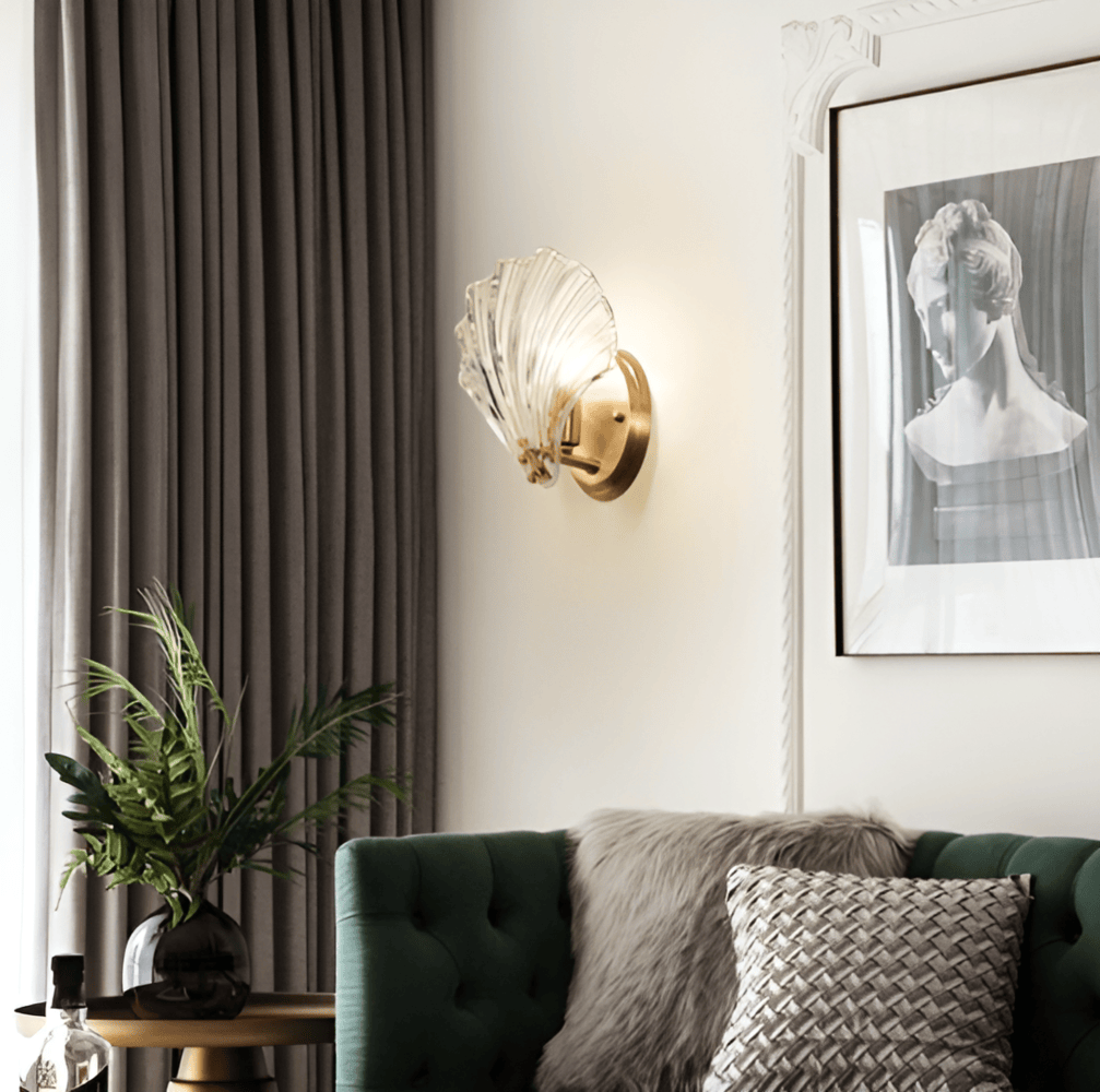 Wall Lamp Ribbed Glass 20.0 cm Gold Bedroom Hallway Art Deco Shell Wall Light E27 Accent Lighting | Thomler