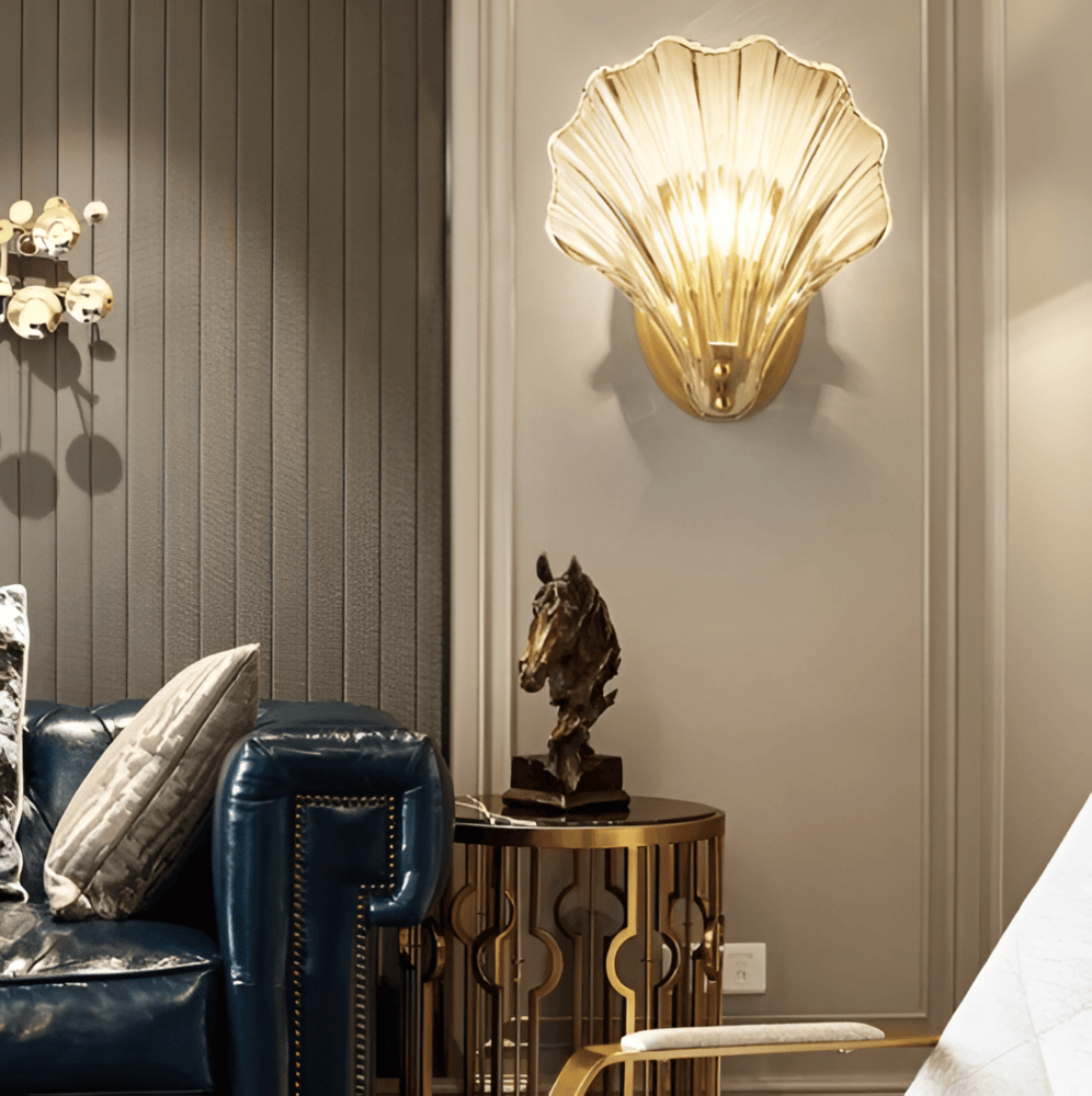Wall Lamp Ribbed Glass 20.0 cm Gold Bedroom Hallway Art Deco Shell Wall Light E27 Accent Lighting | Thomler