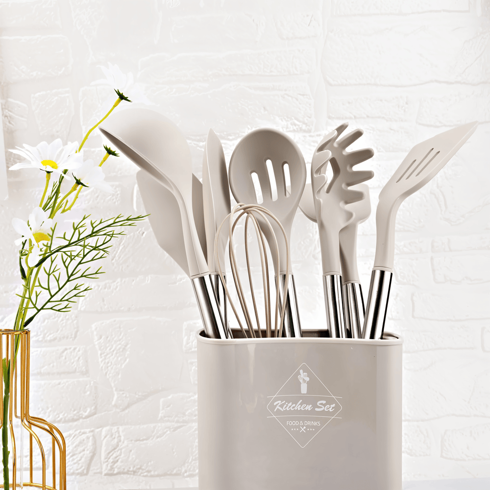 12-Piece Silicone Kitchen Utensil Set with Stainless Steel Handles & Holder for Cooking, Baking & Serving | Thomler