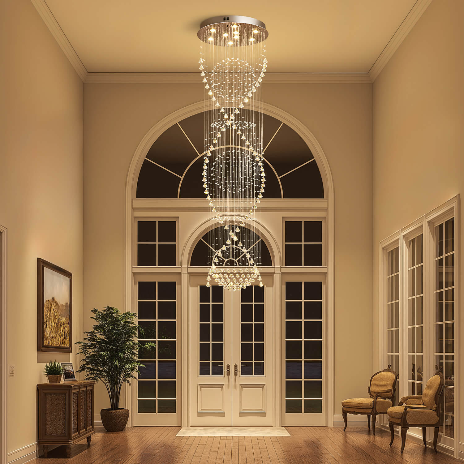 Spiral Crystal Chandelier with Cascading Pendant Drops – Adjustable Height Statement Lighting for Tall Ceilings, Entryways & Staircases | Thomler