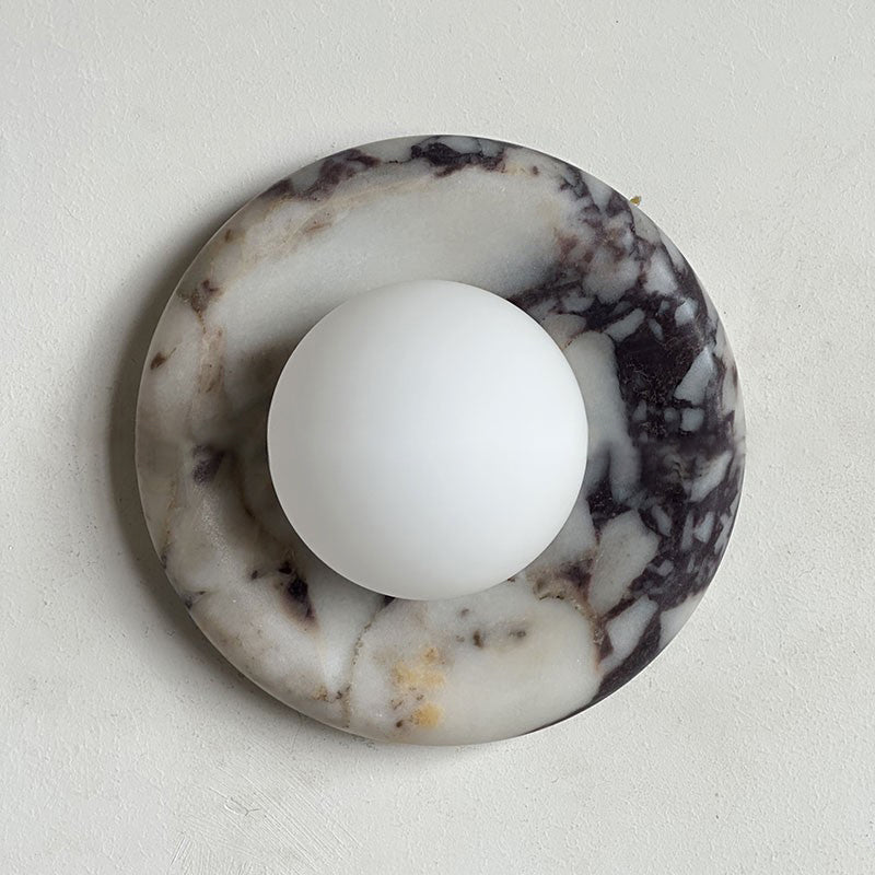 Round Glass Wall Sconce with Curved Marble Backplate for Living Room, Bedroom & Hallway – Hardwired Modern Indoor Light Fixture | Thomler