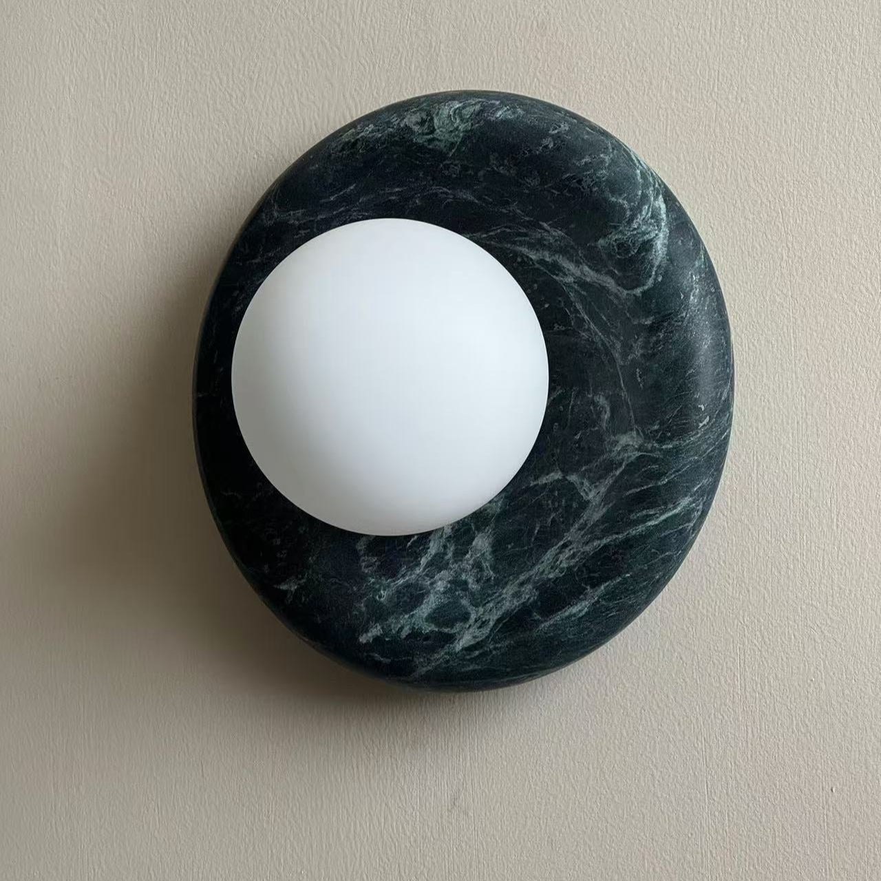 Round Glass Wall Sconce with Curved Marble Backplate for Living Room, Bedroom & Hallway – Hardwired Modern Indoor Light Fixture | Thomler