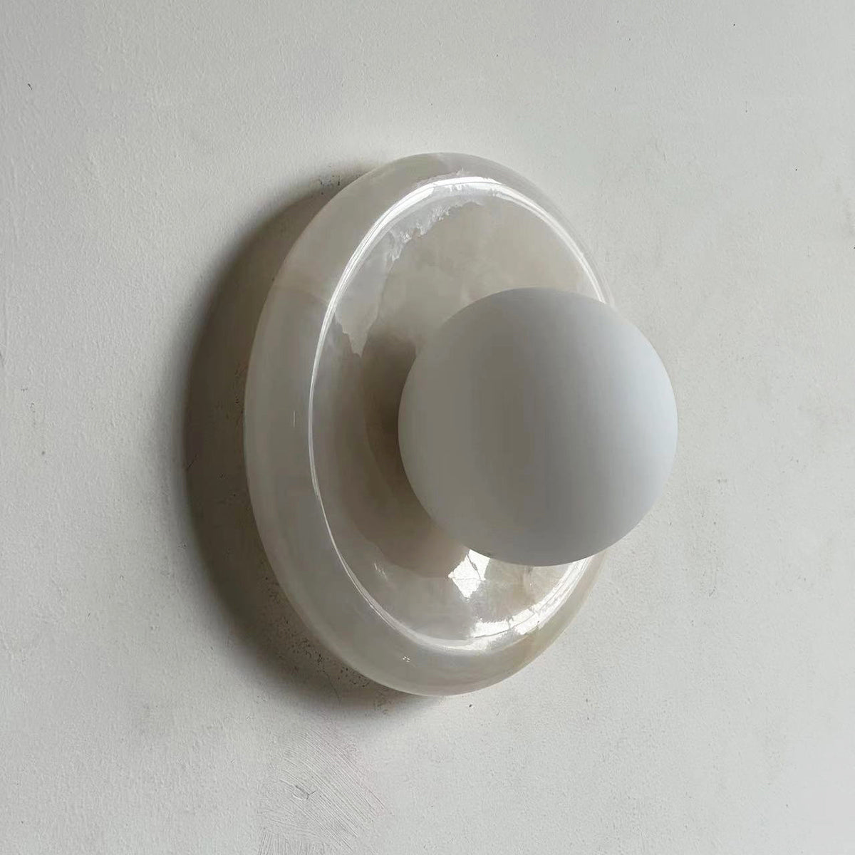 Round Glass Wall Sconce with Natural Stone Backplate for Bedroom & Living Room | Thomler