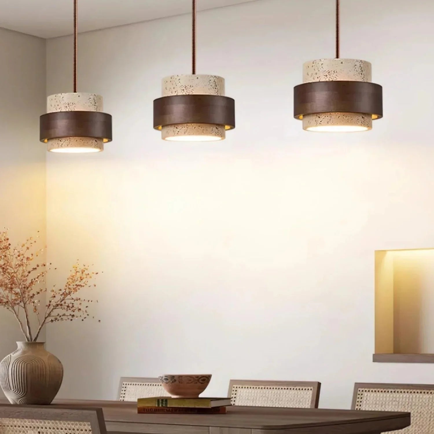 Pendant Light Travertine Wood E27 150.0 cm Walnut Dining Room Kitchen Island Hanging Ceiling Lamp Japandi Minimalist | Thomler