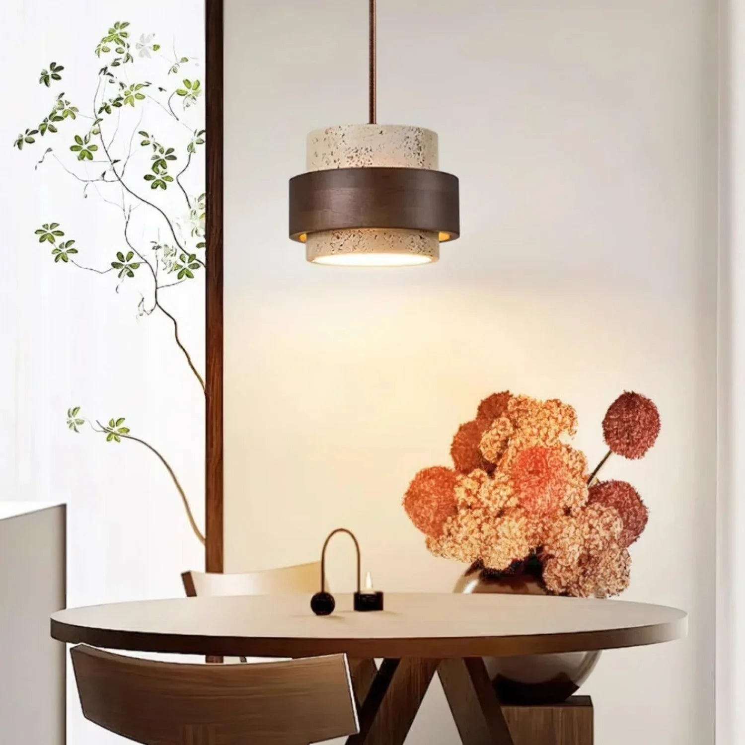 Pendant Light Travertine Wood E27 150.0 cm Walnut Dining Room Kitchen Island Hanging Ceiling Lamp Japandi Minimalist | Thomler