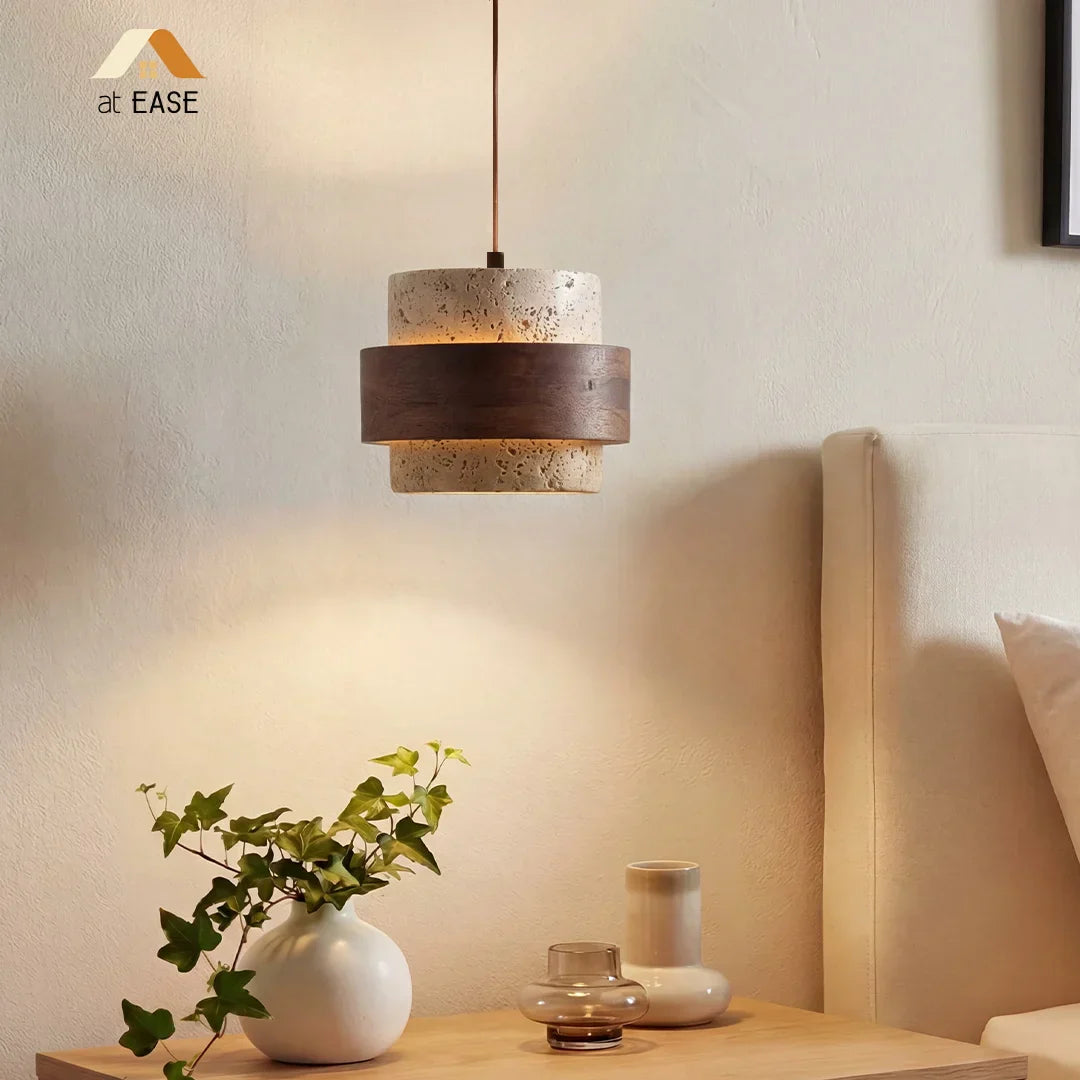 Pendant Light Travertine Wood E27 150.0 cm Walnut Dining Room Kitchen Island Hanging Ceiling Lamp Japandi Minimalist | Thomler